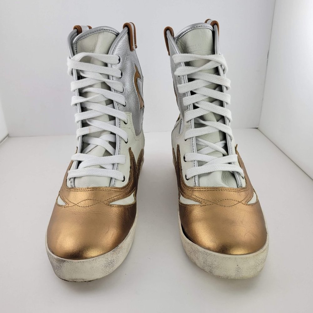 Fornarina x Cowgirls High Top Hidden Wedge Boot Sneakers White Gold Silver 8537 - Picture 2 of 7